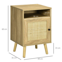 HOMCOM Bedside Table with Rattan Element, Side End Table with Shelf and Cupboard, 39cmx35cmx60cm, Natural - Aosom UK - thumbnail 3