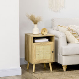 HOMCOM Bedside Table with Rattan Element, Side End Table with Shelf and Cupboard, 39cmx35cmx60cm, Natural - Aosom UK - thumbnail 2