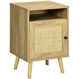 HOMCOM Bedside Table with Rattan Element, Side End Table with Shelf and Cupboard, 39cmx35cmx60cm, Natural - Aosom UK