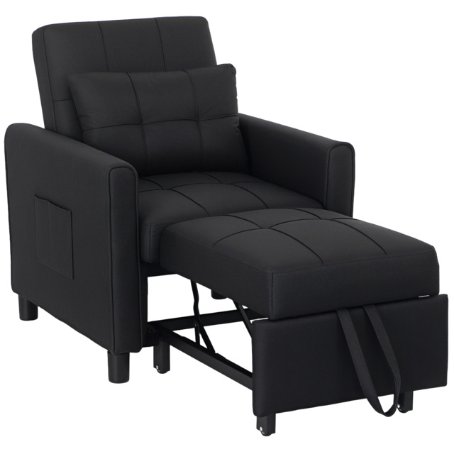 HOMCOM 3-In-1 Linen-Look Single Chair Bed with 11cm Thick Adjustable Back Fold Out Chair Bed with Eucalyptus Wood Sofa Frame - Black - Aosom UK - image 1