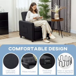 HOMCOM 3-In-1 Linen-Look Single Chair Bed with 11cm Thick Adjustable Back Fold Out Chair Bed with Eucalyptus Wood Sofa Frame - Black - Aosom UK - thumbnail 4