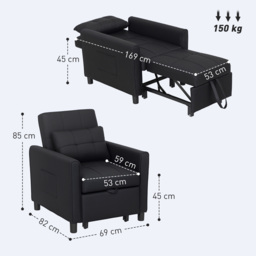 HOMCOM 3-In-1 Linen-Look Single Chair Bed with 11cm Thick Adjustable Back Fold Out Chair Bed with Eucalyptus Wood Sofa Frame - Black - Aosom UK - thumbnail 3