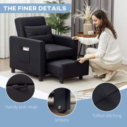 HOMCOM 3-In-1 Linen-Look Single Chair Bed with 11cm Thick Adjustable Back Fold Out Chair Bed with Eucalyptus Wood Sofa Frame - Black - Aosom UK - thumbnail 7