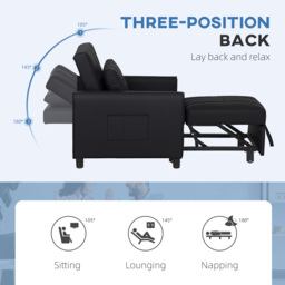 HOMCOM 3-In-1 Linen-Look Single Chair Bed with 11cm Thick Adjustable Back Fold Out Chair Bed with Eucalyptus Wood Sofa Frame - Black - Aosom UK - thumbnail 5