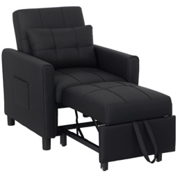 HOMCOM 3-In-1 Linen-Look Single Chair Bed with 11cm Thick Adjustable Back Fold Out Chair Bed with Eucalyptus Wood Sofa Frame - Black - Aosom UK