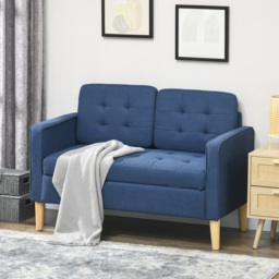 HOMCOM Modern Loveseat Sofa, Compact 2 Seater Sofa with Hidden Storage, 117cm Tufted Cotton Couch with Wood Legs, Blue - thumbnail 8