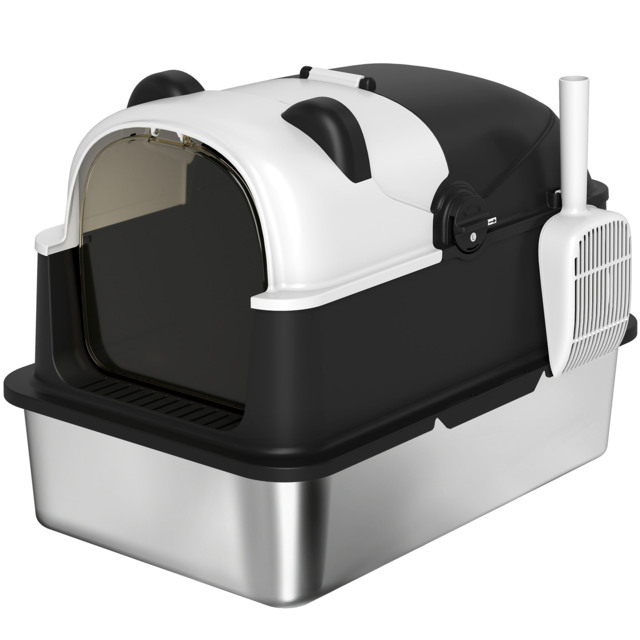 PawHut Panda Style XL Stainless Steel Cat Litter Box with Lid, Enclosed Kitty Litter Box with Scoop, 60 x 40 x 45 cm - image 1