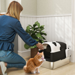 PawHut Panda Style XL Stainless Steel Cat Litter Box with Lid, Enclosed Kitty Litter Box with Scoop, 60 x 40 x 45 cm - thumbnail 2