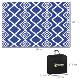 Outsunny Reversible Outdoor Rug, Plastic Straw, Portable with Carry Bag, 182 x 274cm, Blue and White - Aosom UK - thumbnail 3