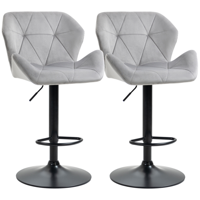 HOMCOM Set Of 2 Bar Chair With Backs, Velvet-Touch Bar Stools w/ Metal Frame Footrest, Adjustable Height Swivel Grey - Aosom UK - image 1