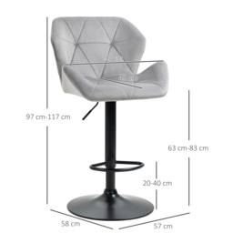 HOMCOM Set Of 2 Bar Chair With Backs, Velvet-Touch Bar Stools w/ Metal Frame Footrest, Adjustable Height Swivel Grey - Aosom UK - thumbnail 3