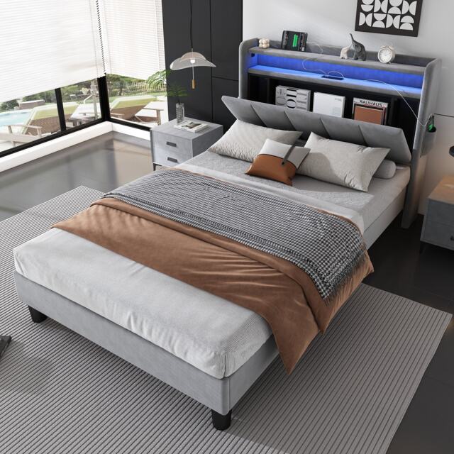 Double Velvet Upholstered Ottoman Bed with LED Light, 4 USB Ports, Lower Flap Door Storage and Soft Backrest, 204L x 96W x 107H cm, Gray - Aosom.UK - image 1