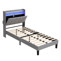 Double Velvet Upholstered Ottoman Bed with LED Light, 4 USB Ports, Lower Flap Door Storage and Soft Backrest, 204L x 96W x 107H cm, Gray - Aosom.UK - thumbnail 2