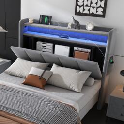 Double Velvet Upholstered Ottoman Bed with LED Light, 4 USB Ports, Lower Flap Door Storage and Soft Backrest, 204L x 96W x 107H cm, Gray - Aosom.UK - thumbnail 6