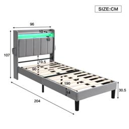 Double Velvet Upholstered Ottoman Bed with LED Light, 4 USB Ports, Lower Flap Door Storage and Soft Backrest, 204L x 96W x 107H cm, Gray - Aosom.UK - thumbnail 3
