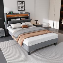 Double Velvet Upholstered Ottoman Bed with LED Light, 4 USB Ports, Lower Flap Door Storage and Soft Backrest, 204L x 96W x 107H cm, Gray - Aosom.UK - thumbnail 5
