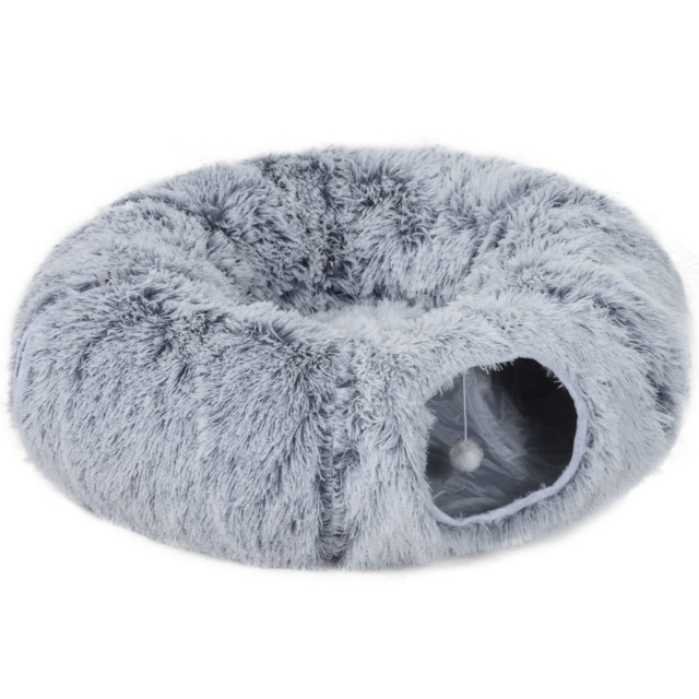 PawHut 2-in-1 Donut Cat Tunnel with Washable Bed, Play Tunnel Bed with Toy Ball and Door Hole for Indoor Cats, Light Grey - image 1