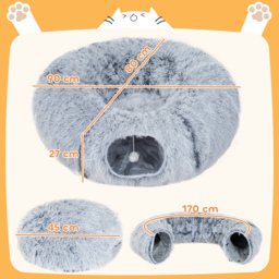 PawHut 2-in-1 Donut Cat Tunnel with Washable Bed, Play Tunnel Bed with Toy Ball and Door Hole for Indoor Cats, Light Grey - thumbnail 3