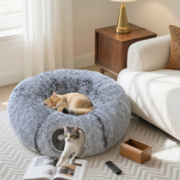 PawHut 2-in-1 Donut Cat Tunnel with Washable Bed, Play Tunnel Bed with Toy Ball and Door Hole for Indoor Cats, Light Grey - thumbnail 2