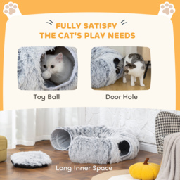 PawHut 2-in-1 Donut Cat Tunnel with Washable Bed, Play Tunnel Bed with Toy Ball and Door Hole for Indoor Cats, Light Grey - thumbnail 6