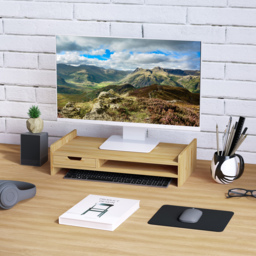 HOMCOM Laptop and Screen Stand PC Plinth Stand TV Computer Desktop Organiser W/Drawer Bamboo - Aosom UK - thumbnail 2