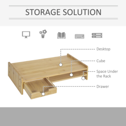 HOMCOM Laptop and Screen Stand PC Plinth Stand TV Computer Desktop Organiser W/Drawer Bamboo - Aosom UK - thumbnail 5