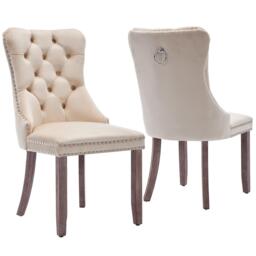 Set of 2 Upholstered Dining Chairs,  Velvet Dining Chairs with Button Tufted Back, Brushed Wood Legs, Suitable for Dining Room, 50L x 64W x 96H cm, Beige - Aosom UK - thumbnail 2