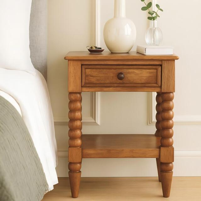 Solid Wood Spindle Bedside Table with Durable Construction, Console Table with Drawer and Shelf Storage, 35L x 45W x 60H cm, Brown - Aosom UK - image 1