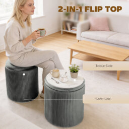 HOMCOM Storage Ottoman Modern Velvet Round Foot Stool for Living Room Bedroom 45 cm Grey - thumbnail 4