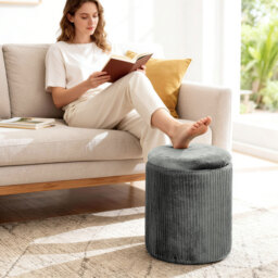 HOMCOM Storage Ottoman Modern Velvet Round Foot Stool for Living Room Bedroom 45 cm Grey - thumbnail 8