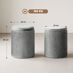 HOMCOM Storage Ottoman Modern Velvet Round Foot Stool for Living Room Bedroom 45 cm Grey - thumbnail 3