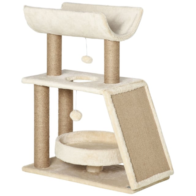 PawHut Cat Climbing Tree, Scratch Pad, Cosy Bed Perch, Play Ball, for Indoor Cats, 60 x 30 x 76 cm, Light Brown - Aosom UK - image 1