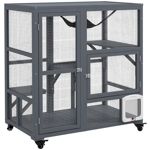 PawHut Cat Cage House, Catio Cat Outdoor Enclosure on Wheels, Weather-Resistant Wooden Kitty Cage with Platforms, Hammock, Light Grey - Aosom UK - image 1