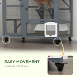 PawHut Cat Cage House, Catio Cat Outdoor Enclosure on Wheels, Weather-Resistant Wooden Kitty Cage with Platforms, Hammock, Light Grey - Aosom UK - thumbnail 5