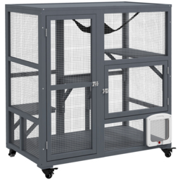 PawHut Cat Cage House, Catio Cat Outdoor Enclosure on Wheels, Weather-Resistant Wooden Kitty Cage with Platforms, Hammock, Light Grey - Aosom UK - thumbnail 1