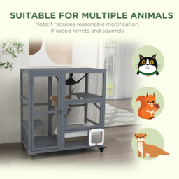PawHut Cat Cage House, Catio Cat Outdoor Enclosure on Wheels, Weather-Resistant Wooden Kitty Cage with Platforms, Hammock, Light Grey - Aosom UK - thumbnail 8