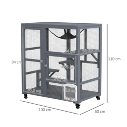 PawHut Cat Cage House, Catio Cat Outdoor Enclosure on Wheels, Weather-Resistant Wooden Kitty Cage with Platforms, Hammock, Light Grey - Aosom UK - thumbnail 3