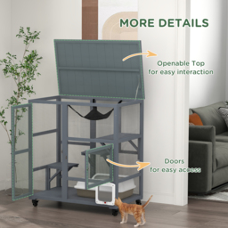 PawHut Cat Cage House, Catio Cat Outdoor Enclosure on Wheels, Weather-Resistant Wooden Kitty Cage with Platforms, Hammock, Light Grey - Aosom UK - thumbnail 7
