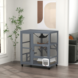 PawHut Cat Cage House, Catio Cat Outdoor Enclosure on Wheels, Weather-Resistant Wooden Kitty Cage with Platforms, Hammock, Light Grey - Aosom UK - thumbnail 2