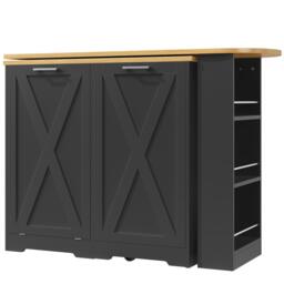 360° Rotating Kitchen Island with Folding 3D Textured Doors and Side Shelves, Swivel Sideboard for Kitchen, 138L x 38W x 105.5H cm, Black - Aosom UK - thumbnail 2