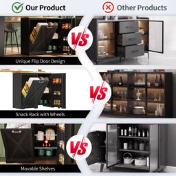 360° Rotating Kitchen Island with Folding 3D Textured Doors and Side Shelves, Swivel Sideboard for Kitchen, 138L x 38W x 105.5H cm, Black - Aosom UK - thumbnail 5