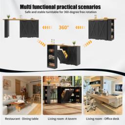 360° Rotating Kitchen Island with Folding 3D Textured Doors and Side Shelves, Swivel Sideboard for Kitchen, 138L x 38W x 105.5H cm, Black - Aosom UK - thumbnail 6