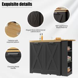 360° Rotating Kitchen Island with Folding 3D Textured Doors and Side Shelves, Swivel Sideboard for Kitchen, 138L x 38W x 105.5H cm, Black - Aosom UK - thumbnail 4