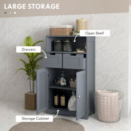 Kleankin Bathroom Storage Cabinet with Drawers, Louvred Doors, Open Compartment, Adjustable Shelf, Grey - Aosom UK - thumbnail 4