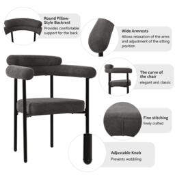 Velvet Dining Chairs with High-Density Sponge & Iron Frame, Ergonomic Boucle Armchair for Dining Room, 70L x 62W x 85H cm, Gray - Aosom UK - thumbnail 4