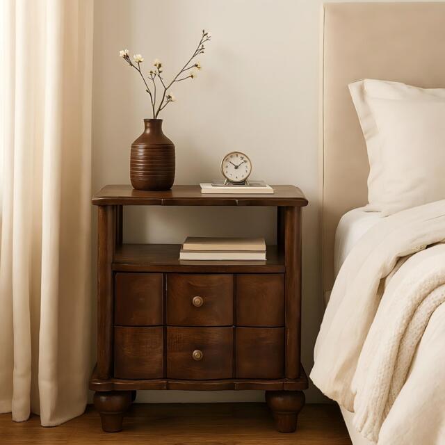 Solid Mango Wood Bedside Table with Smooth-Gliding Drawers and Ample Storage, Bedside Cabinet with Open Shelf, 40L x 55W x 63H cm, Brown - Aosom UK - image 1