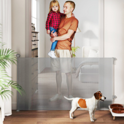 PawHut Retractable Stair Gate Extends Up to 140 cm Wide, Dog Gate for Doorways, Stairways, Hallways, Grey - thumbnail 2