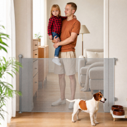 PawHut Retractable Stair Gate Extends Up to 140 cm Wide, Dog Gate for Doorways, Stairways, Hallways, Grey - thumbnail 2
