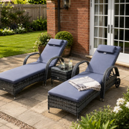 Outsunny 3 Pieces Rattan Sun Loungers, Garden Wicker Wheeling Recliner , PE Rattan Lounge Chairs w/ Cushions & Side Coffee Table Grey - Aosom UK - thumbnail 2
