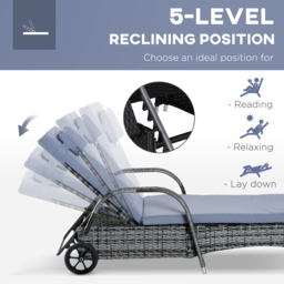 Outsunny 3 Pieces Rattan Sun Loungers, Garden Wicker Wheeling Recliner , PE Rattan Lounge Chairs w/ Cushions & Side Coffee Table Grey - Aosom UK - thumbnail 5
